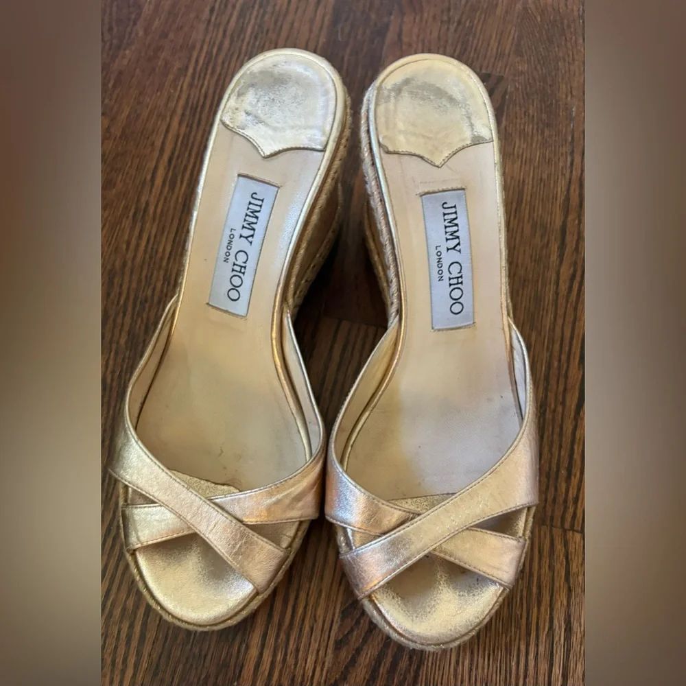 Jimmy Choo Almer Metallic Nappa Leather Wedges Braid Trim in gold, Size 38.5